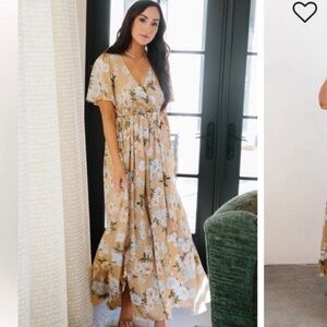 Baltic Born Sicily Satin Maxi Dress Taupe Floral Size Large Romantic